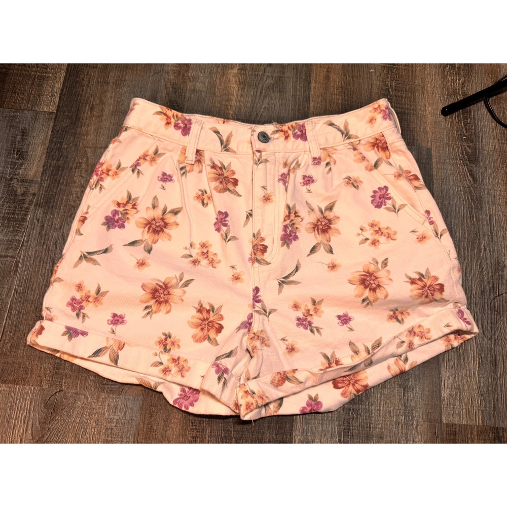 American Eagle Mom Shorts Peach Floral High Waisted Denim Jean Shorts Womens 6